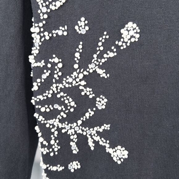 Quacker Factory Pearl Snowflake V Neck Sweater Womens Medium Black Ramie Cotton - Picture 13 of 16